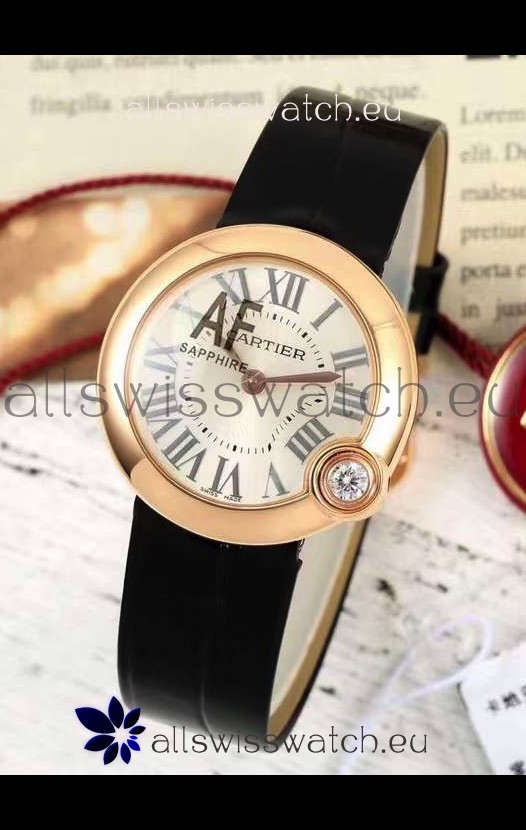 Ballon Blanc De Cartier Swiss Quartz Replica Watch in Rose Gold Casing Leather Strap 