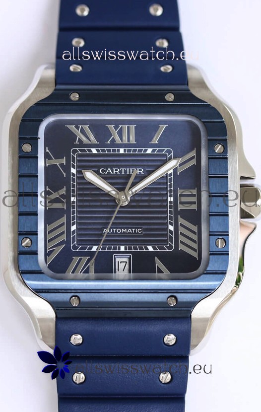 Santos De Cartier 1:1 Blue DLC Bezel Swiss Replica Watch 40MM - Rubber Strap