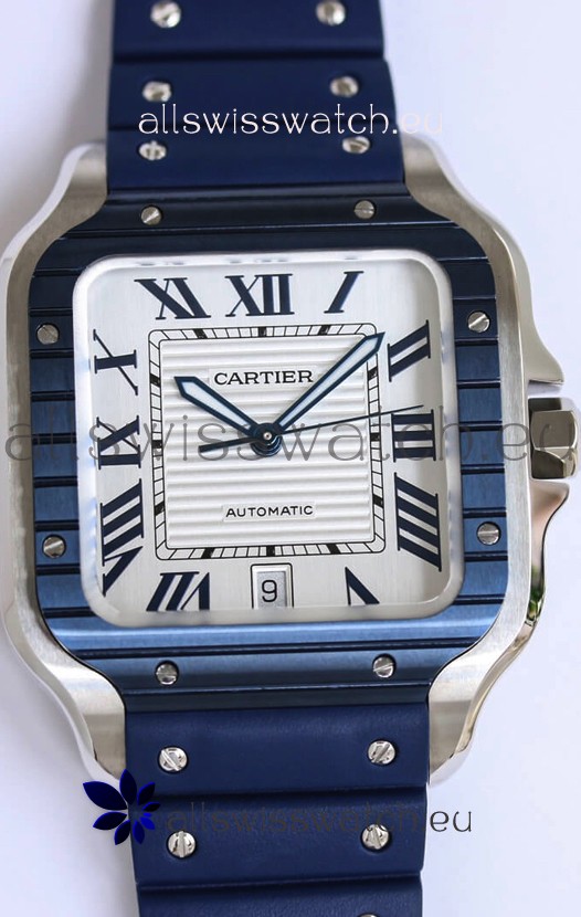Santos De Cartier 1:1 Blue DLC Bezel Swiss Replica Watch 40MM - Rubber Strap