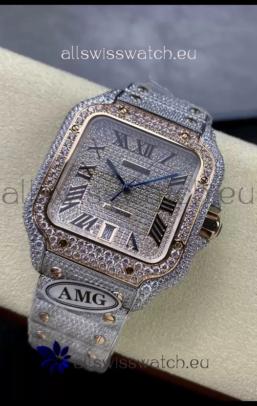 Cartier "Santos De Cartier" 904L Steel Diamonds Roman Dial 1:1 Mirror Replica - 40MM - Genuine Diamonds