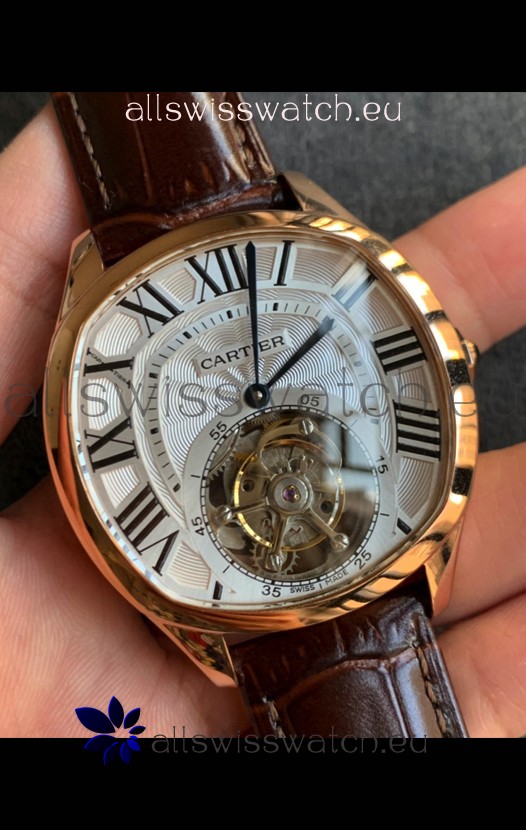 Drive De Cartier Yellow Gold Tourbillon Super clone Replica Watch in White Dial 