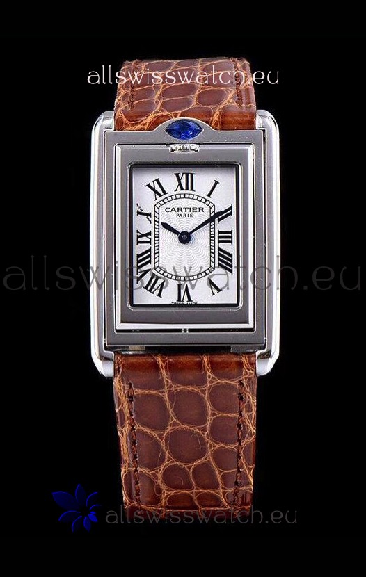 Cartier Tank Reversible Swiss Quartz Replica Watch in Steel Casing - Brown Strap