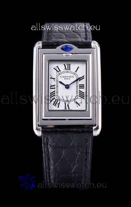 Cartier Tank Reversible Swiss Quartz Replica Watch in Steel Casing - Black Strap