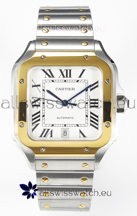 Cartier Santos De Cartier Two Tone 904L Steel White Dial Super Clone Replica 40MM Watch 