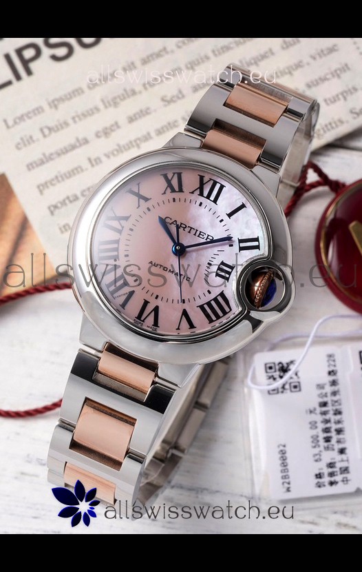 Ballon De Cartier Swiss Automatic Pink Pearl Dial Mirror Quality 33MM in Two Tone Casing