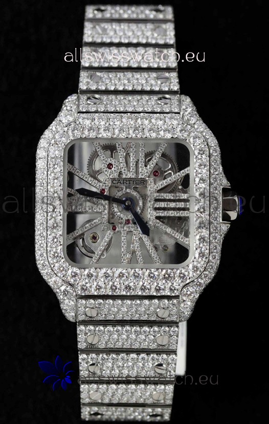 Santos De Cartier Watch in Skeleton Dial - MOSSANITES Paved Edition Swiss Replica Watch