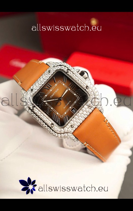 Santos De Cartier Watch in Brown Dial 39.50MM MOSSANITES Paved Bezel Swiss Replica Watch