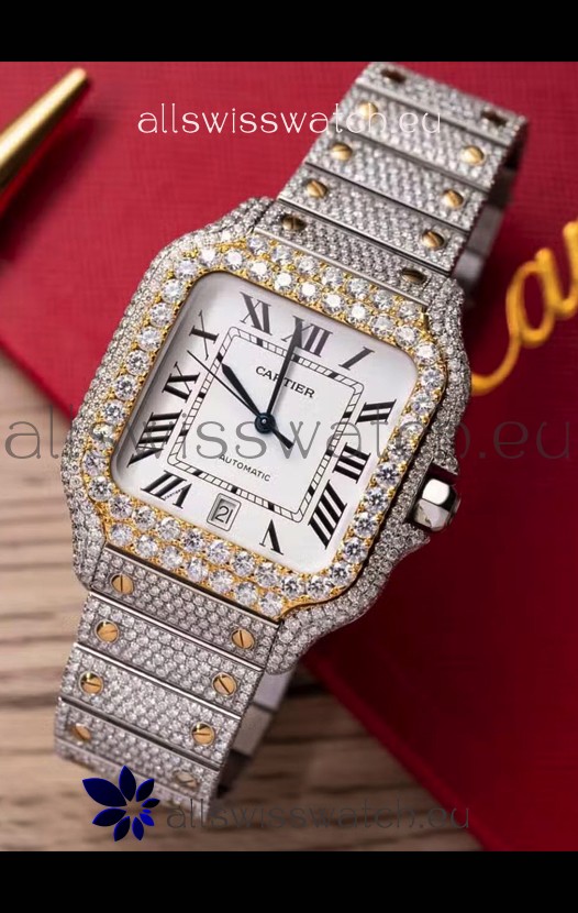 Santos De Cartier Watch in White Dial MOSSANITES Paved Edition Swiss Replica Watch