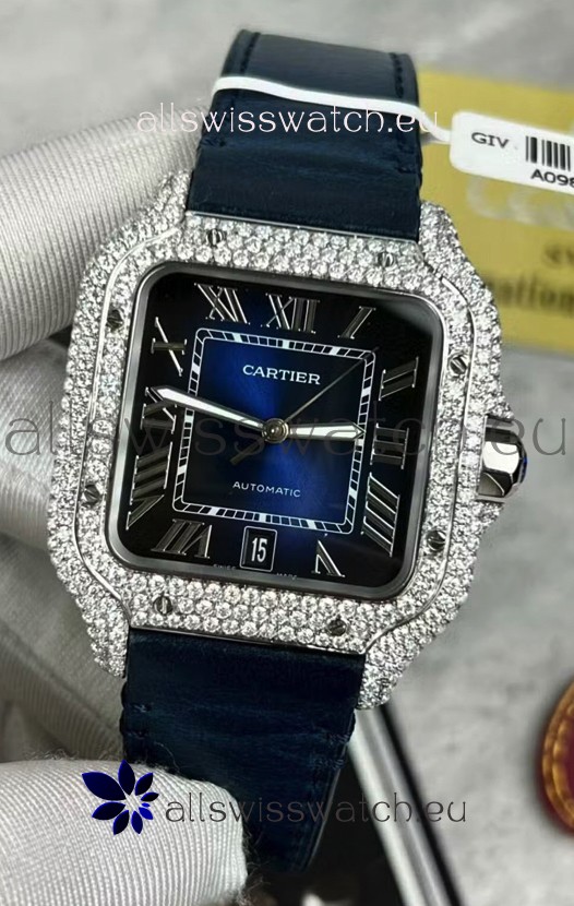 Santos De Cartier Watch in Blue Dial 39.50MM MOSSANITES Paved Bezel Swiss Replica Watch