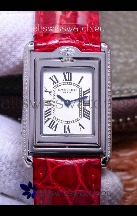 Cartier Tank Reversible Swiss Quartz Replica Watch in Steel Casing - Red Strap