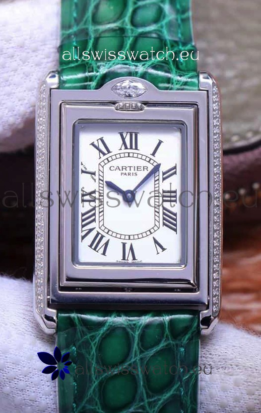 Cartier Tank Reversible Swiss Quartz Replica Watch in Steel Casing - Green Strap