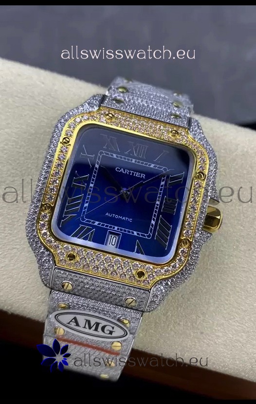 Cartier "Santos De Cartier" Two Tone Blue Dial 1:1 Mirror Replica - 40MM - Genuine Diamonds
