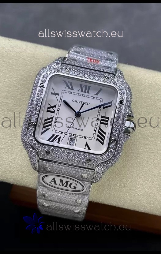 Cartier "Santos De Cartier" 904L Steel White Dial 1:1 Mirror Replica - 40MM - Genuine Diamonds