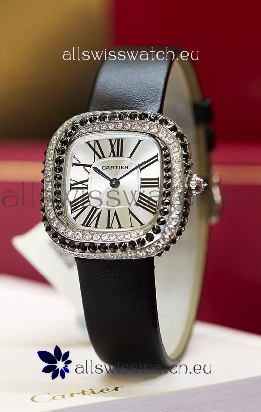 Coussin De Cartier Steel Watch Swiss Replica Watch Black Strap 
