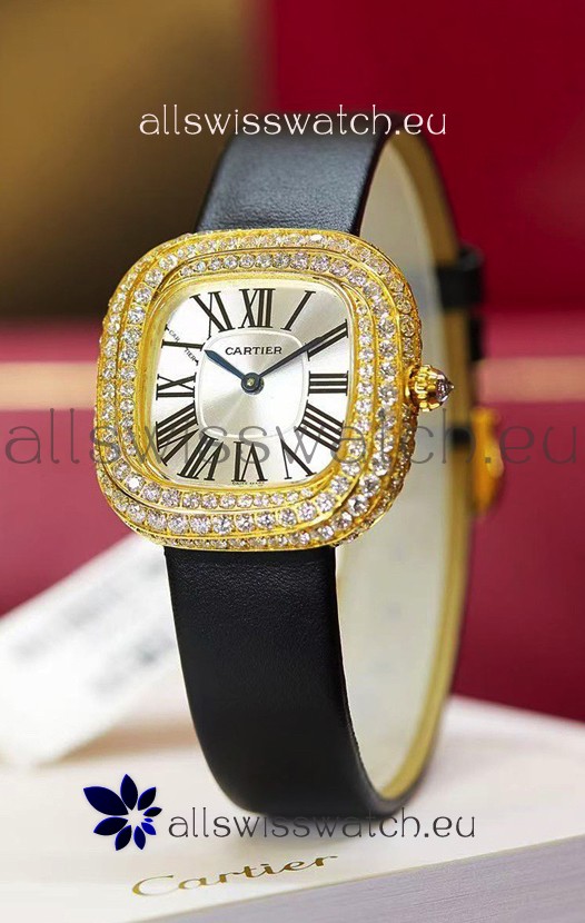 Coussin De Cartier Yellow Gold Swiss Replica Watch Black Strap 