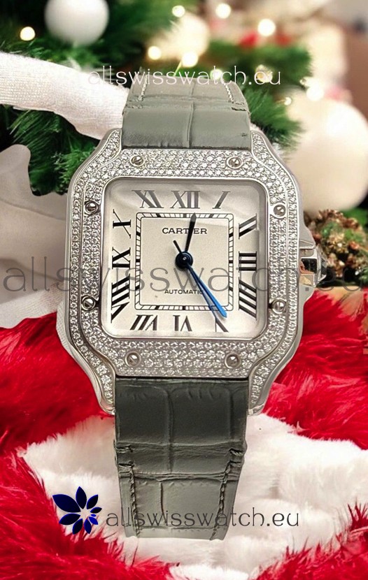Santos De Cartier Watch in White Dial 39.50MM MOSSANITES Paved Bezel Swiss Replica Watch