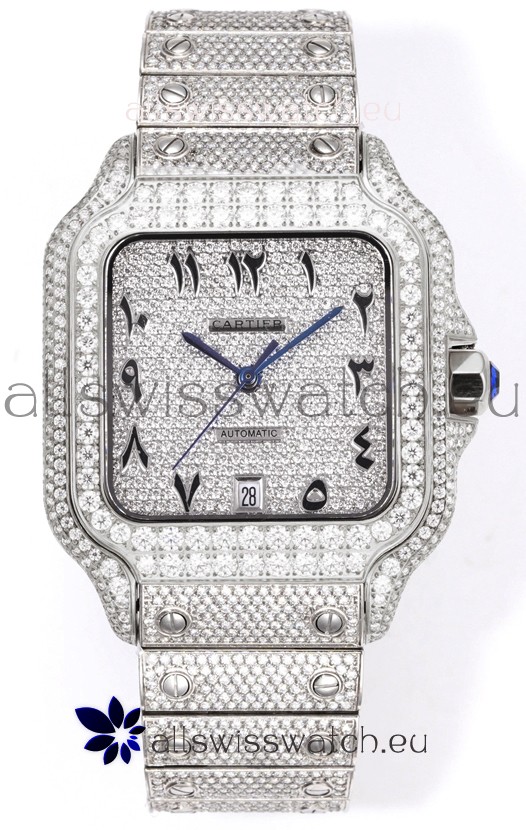 Cartier "Santos De Cartier" Stainless Steel W/ Diamonds Arabic Dial 1:1 Mirror Replica - 40MM - Genuine Diamonds