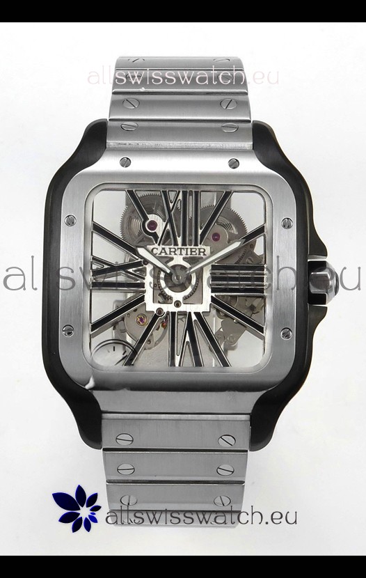 Santos De Cartier Super Clone Watch in Skeleton Dial Brushed DLC Coated Steel Casing Watch 