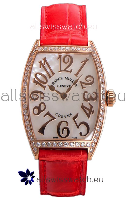 Franck Muller Cintree Curvex Mother of Pearl Dial Watch in Rose Gold Plating - Red Strap 