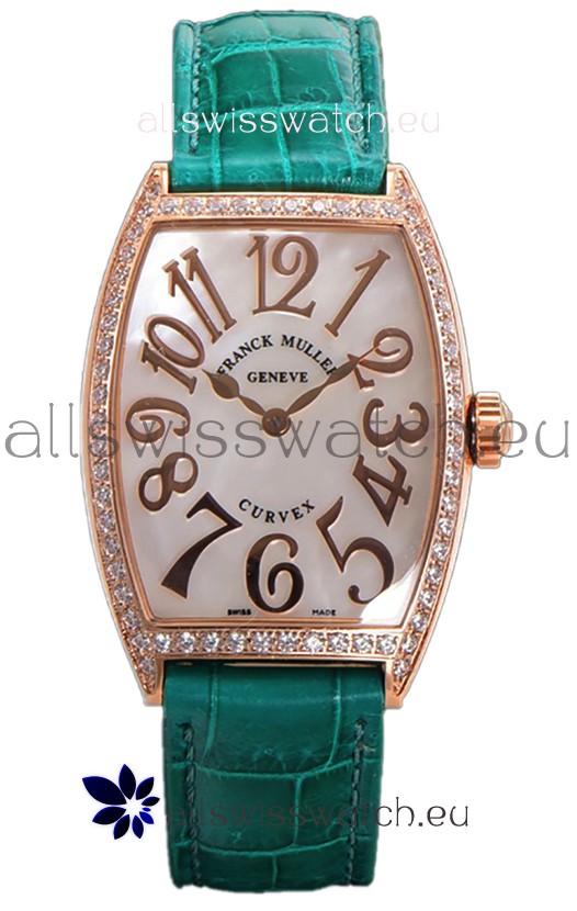 Franck Muller Cintree Curvex Mother of Pearl Dial Watch in Rose Gold Plating - Green Strap 