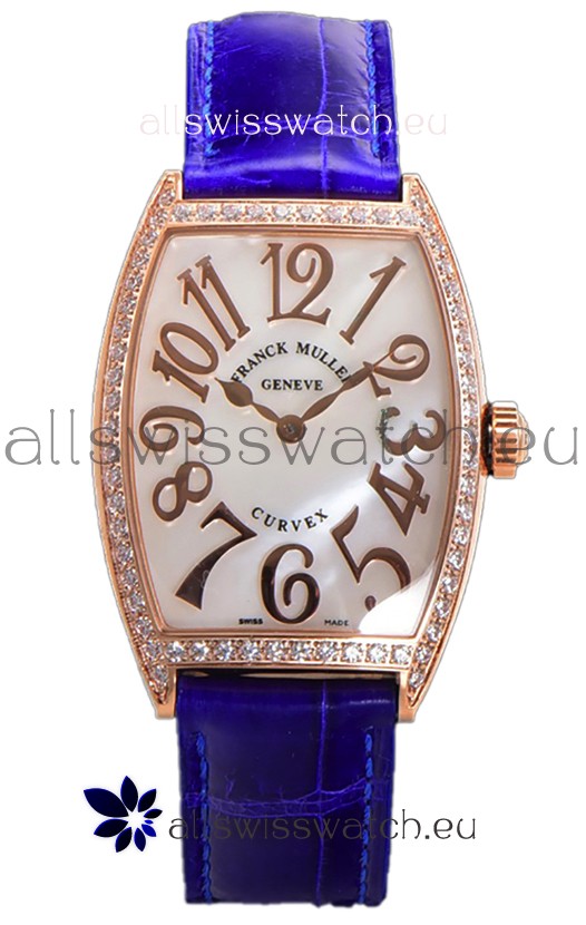 Franck Muller Cintree Curvex Mother of Pearl Dial Watch in Rose Gold Plating - Purple Strap 