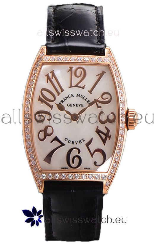 Franck Muller Cintree Curvex Mother of Pearl Dial Watch in Rose Gold Plating - Black Strap 