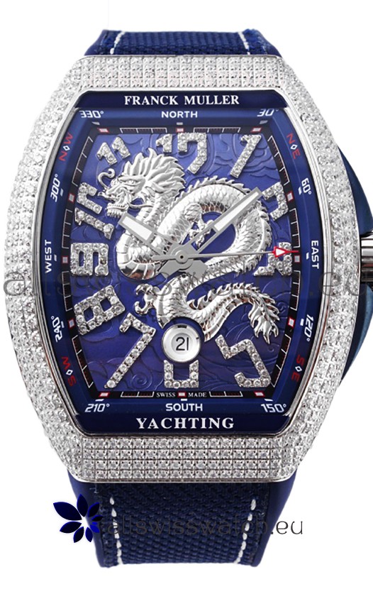 Franck Muller Vanguard Yachting Dragon V45 Blue Dial in Diamonds Bezel Swiss Replica