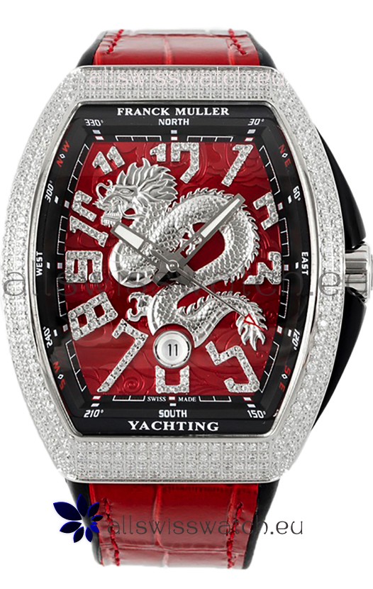Franck Muller Vanguard Yachting Dragon V45 Red Dial in Gold Diamonds Bezel Swiss Replica