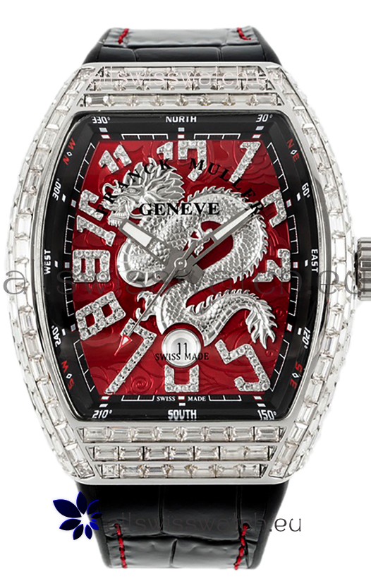 Franck Muller Vanguard Yachting Dragon V45 Red Dial in Square Diamonds Bezel Swiss Replica