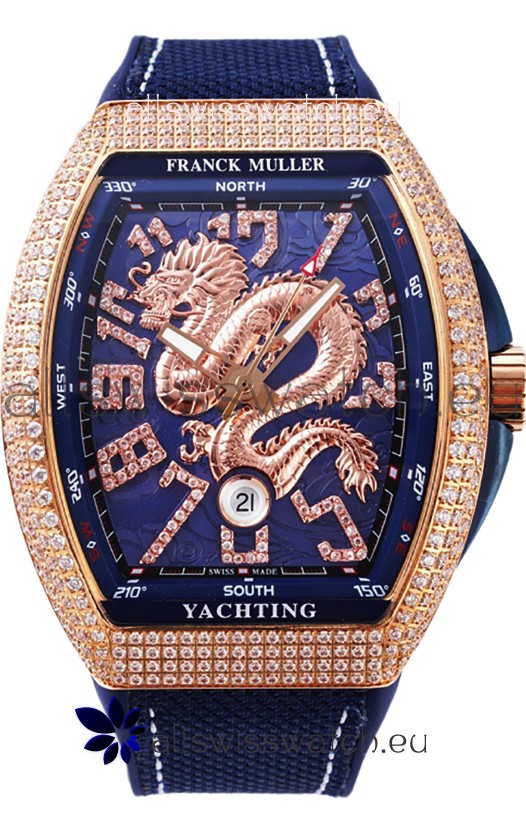 Franck Muller Vanguard Yachting Dragon V45 Blue Dial in Gold Diamonds Bezel Swiss Replica