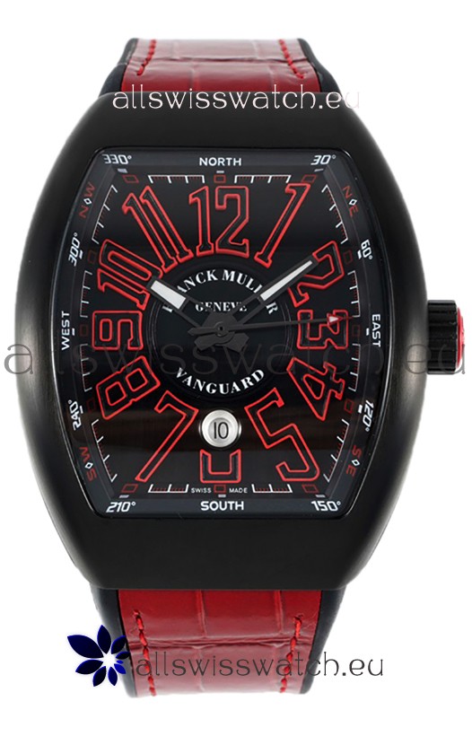 Franck Muller Vanguard in DLC Coated Casing Black Dial Swiss Replica Red Strap 