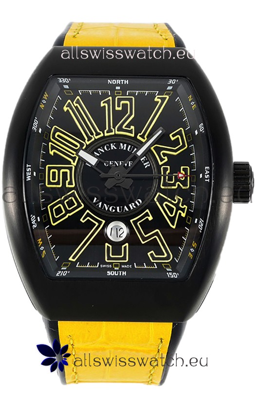 Franck Muller Vanguard in DLC Coated Casing Black Dial Swiss Replica Yellow Strap 