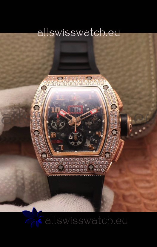 Richard Mille RM011 Felipe Massa 1:1 Mirror Quality One Piece Black Ceramic Rose Gold Diamonds Watch 
