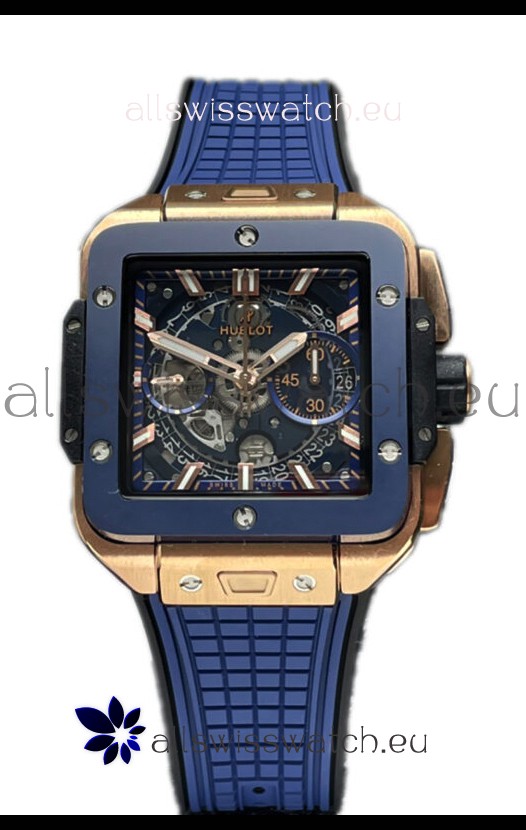 Hublot Square Bang Unico Rose Gold Blue Ceramic Chronograph Watch 1:1 Mirror Replica