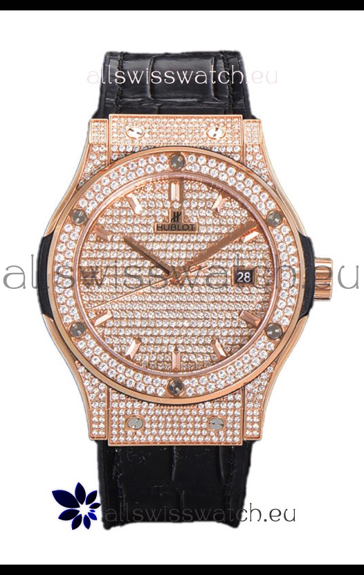 Hublot Classic Fusion Automatic Rose Gold Diamonds Paved Dial Grey Strap 42MM Superclone Replica Watch 