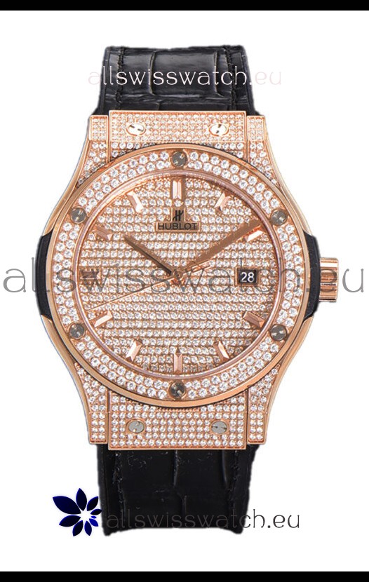 Hublot Classic Fusion Automatic Rose Gold Diamonds Paved Dial Black Strap 42MM Superclone Replica Watch 