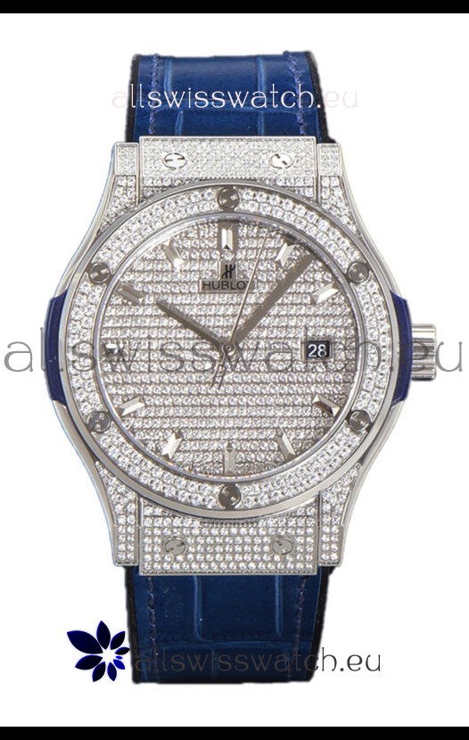 Hublot Classic Fusion Automatic Steel Diamonds Paved Dial Blue Strap 42MM Superclone Replica Watch 