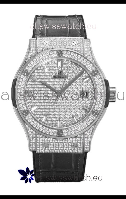 Hublot Classic Fusion Automatic Steel Diamonds Paved Dial Grey Strap 42MM Superclone Replica Watch 