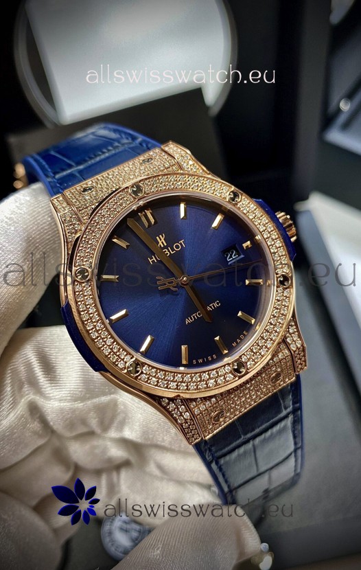 Hublot Classic Fusion Diamonds Rose Gold Steel Blue Dial Swiss Replica Watch 1:1 Mirror Quality