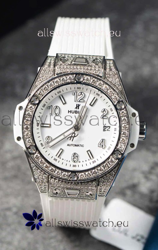 Hublot Big Bang One Click Mossanites Paved Casing Swiss Replica Watch White Dial