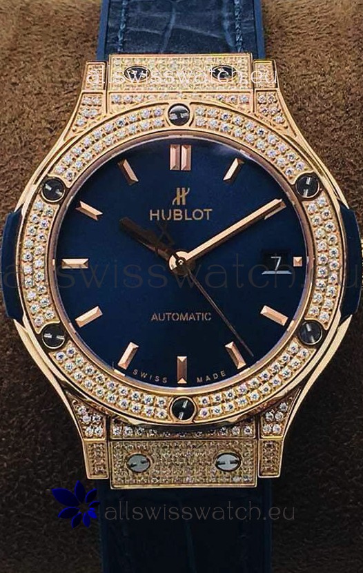 Hublot Classic Fusion Diamonds Rose Gold Blue Dial 38MM Swiss Replica Watch 1:1 Mirror Quality