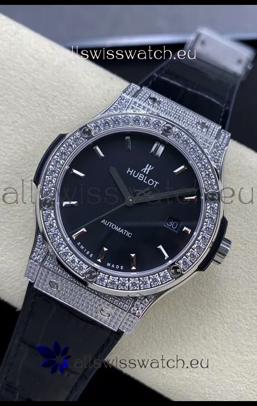 Hublot Classic Fusion Stainless Steel Diamonds Black Dial Swiss Replica Watch 1:1 Mirror Quality