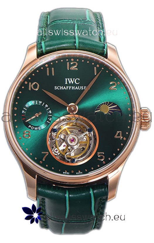 IWC Portugese Hand-Wound Genuine Tourbillon Green Dial Rose Gold Casing Swiss Replica Watch 