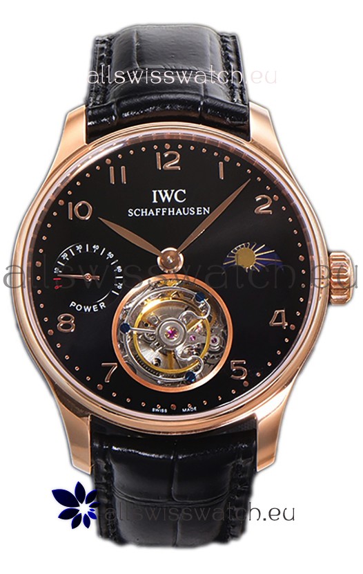 IWC Portugese Hand-Wound Genuine Tourbillon Black Dial Rose Gold Casing Swiss Replica Watch 