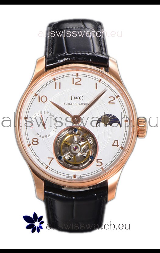 IWC Portugese Hand-Wound Genuine Tourbillon White Dial Rose Gold Casing Swiss Replica Watch 