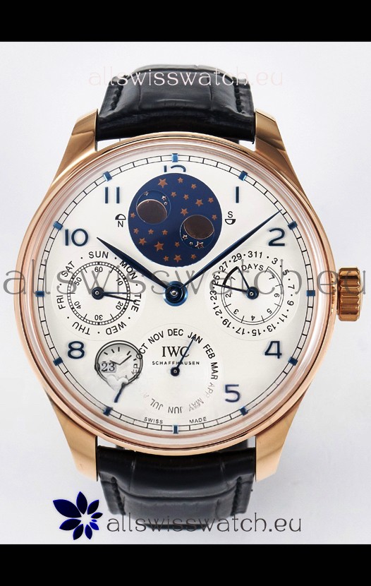 IWC Super Clone Portuguese Perpetual Calendar Rose Gold White Dial Replica Watch 