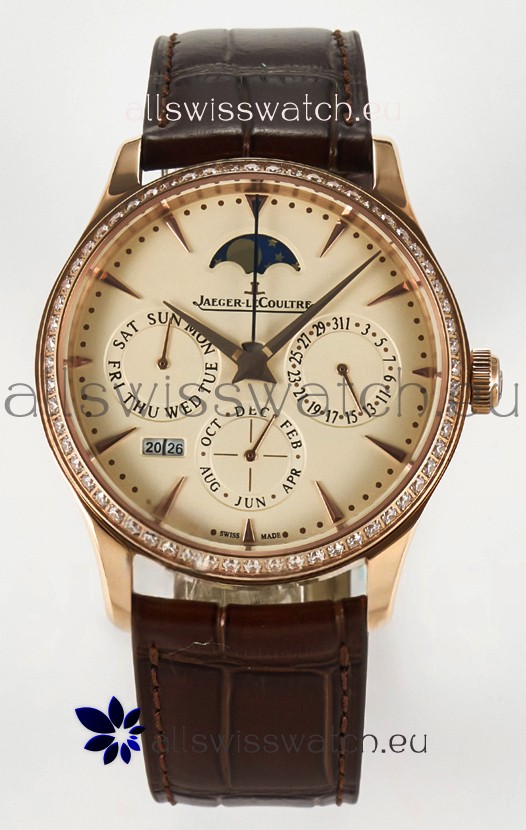 Jaeger LeCoultre Super Clone Master Ultra-Thin Perpetual Calendar Cream Dial Diamonds Bezel Watch