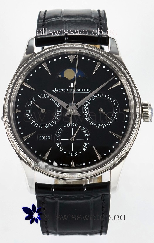 Jaeger LeCoultre Super Clone Master Ultra-Thin Perpetual Calendar Black Dial Diamonds Watch