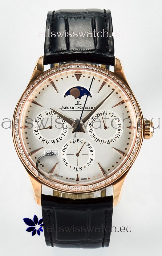 Jaeger LeCoultre Super Clone Master Ultra-Thin Perpetual Calendar White Dial Diamonds Bezel Watch