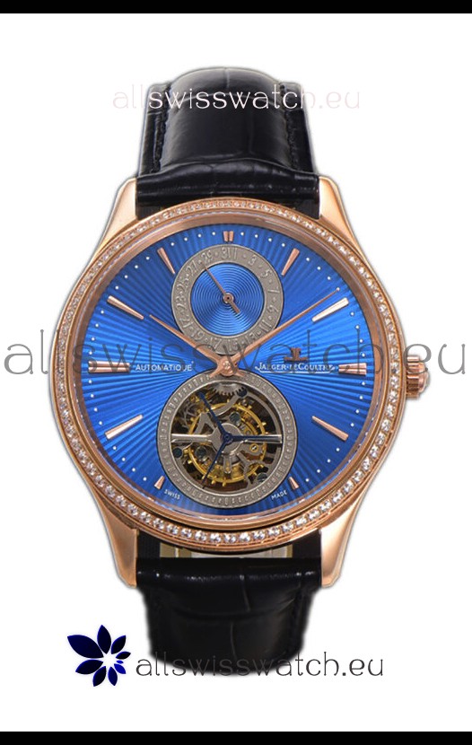 Jaeger LeCoultre Master Ultra-Thin Tourbillon Blue Dial Rose Gold Casing Watch 